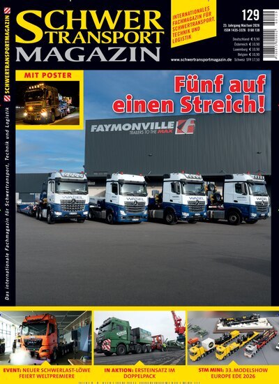 Titelbild der Ausgabe 129/2026 von Schwertransportmagazin. Diese Zeitschrift und viele weitere Automagazine und Motorradzeitschriften als Abo oder epaper bei United Kiosk online kaufen.