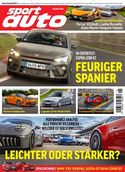 Titelbild der Ausgabe 1/2026 von Sport Auto. Diese Zeitschrift und viele weitere Automagazine und Motorradzeitschriften als Abo oder epaper bei United Kiosk online kaufen.