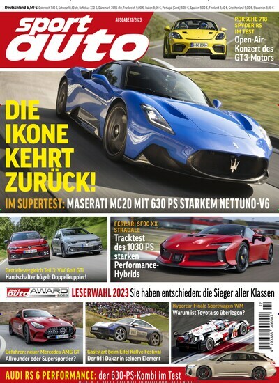 Titelbild der Ausgabe 12/2023 von Sport Auto. Diese Zeitschrift und viele weitere Automagazine und Motorradzeitschriften als Abo oder epaper bei United Kiosk online kaufen.