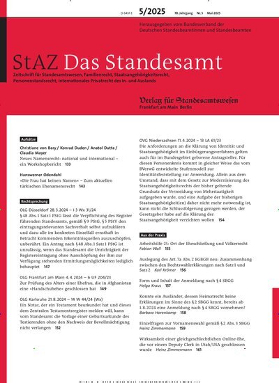 Titelbild der Ausgabe 5/2025 von StAZ Das Standesamt. Diese Zeitschrift und viele weitere Jurazeitschriften und Zeitschriften für Verwaltung als Abo oder epaper bei United Kiosk online kaufen.