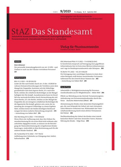 Titelbild der Ausgabe 9/2023 von StAZ Das Standesamt. Diese Zeitschrift und viele weitere Jurazeitschriften und Zeitschriften für Verwaltung als Abo oder epaper bei United Kiosk online kaufen.