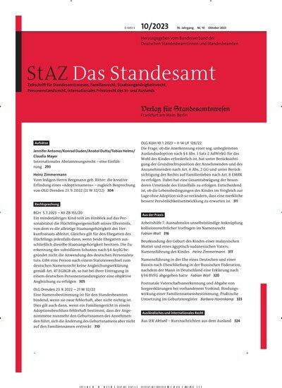 Titelbild der Ausgabe 10/2023 von StAZ Das Standesamt. Diese Zeitschrift und viele weitere Jurazeitschriften und Zeitschriften für Verwaltung als Abo oder epaper bei United Kiosk online kaufen.