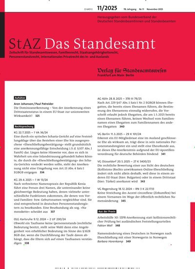 Titelbild der Ausgabe 11/2025 von StAZ Das Standesamt. Diese Zeitschrift und viele weitere Jurazeitschriften und Zeitschriften für Verwaltung als Abo oder epaper bei United Kiosk online kaufen.