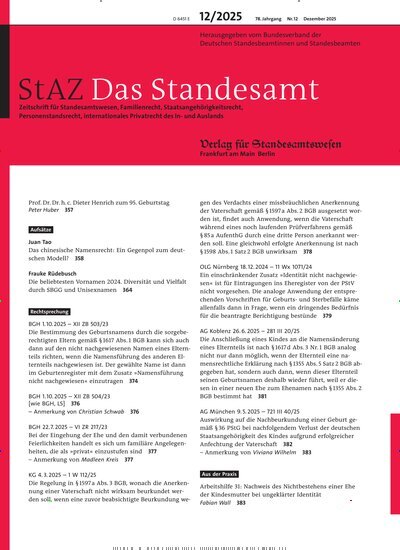 Titelbild der Ausgabe 12/2025 von StAZ Das Standesamt. Diese Zeitschrift und viele weitere Jurazeitschriften und Zeitschriften für Verwaltung als Abo oder epaper bei United Kiosk online kaufen.