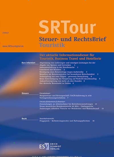 Titelbild der Ausgabe 1/2020 von Steuer- und RechtsBrief Touristik - SRTour. Diese Zeitschrift und viele weitere Jurazeitschriften und Zeitschriften für Verwaltung als Abo oder epaper bei United Kiosk online kaufen.