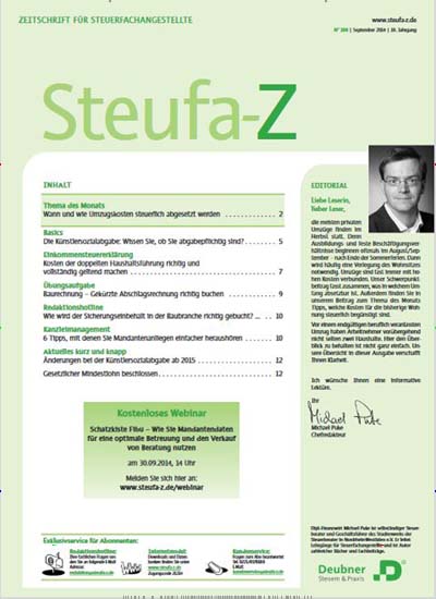 Titelbild der Ausgabe 108/2014 von Steufa-Z Zeitschrift für Steuerfachangestellte. Diese Zeitschrift und viele weitere Businessmagazine als Abo oder epaper bei United Kiosk online kaufen.