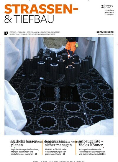 Titelbild der Ausgabe 2/2023 von Strassen- und Tiefbau. Diese Zeitschrift und viele weitere Architekturzeitschriften und Bauzeitschriften als Abo oder epaper bei United Kiosk online kaufen.