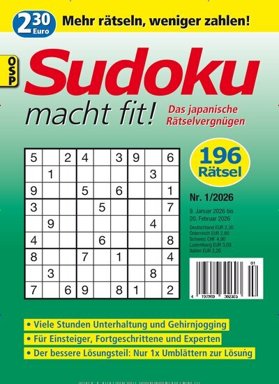 Titelbild der Ausgabe 1/2026 von Sudoku macht fit. Diese Zeitschrift und viele weitere Groschenromane und Rätselhefte als Abo oder epaper bei United Kiosk online kaufen.