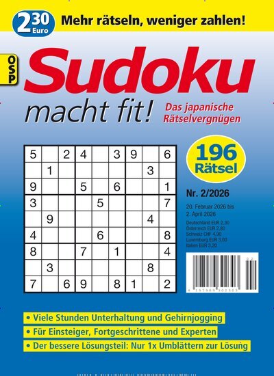 Titelbild der Ausgabe 2/2026 von Sudoku macht fit. Diese Zeitschrift und viele weitere Groschenromane und Rätselhefte als Abo oder epaper bei United Kiosk online kaufen.