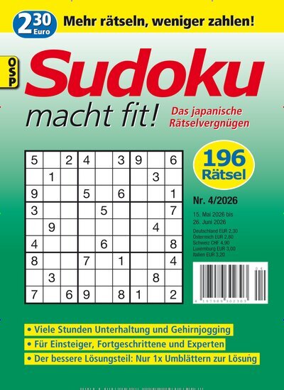 Titelbild der Ausgabe 4/2026 von Sudoku macht fit. Diese Zeitschrift und viele weitere Groschenromane und Rätselhefte als Abo oder epaper bei United Kiosk online kaufen.