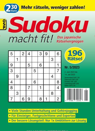 Titelbild der Ausgabe 5/2023 von Sudoku macht fit. Diese Zeitschrift und viele weitere Groschenromane und Rätselhefte als Abo oder epaper bei United Kiosk online kaufen.
