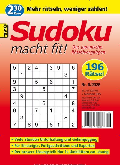 Titelbild der Ausgabe 6/2025 von Sudoku macht fit. Diese Zeitschrift und viele weitere Groschenromane und Rätselhefte als Abo oder epaper bei United Kiosk online kaufen.