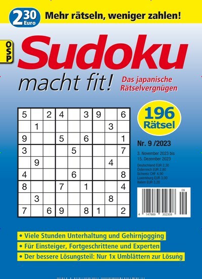 Titelbild der Ausgabe 9/2023 von Sudoku macht fit. Diese Zeitschrift und viele weitere Groschenromane und Rätselhefte als Abo oder epaper bei United Kiosk online kaufen.