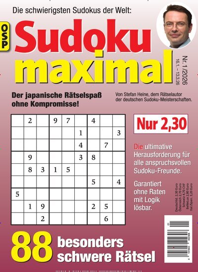 Titelbild der Ausgabe 1/2026 von Sudoku Maximal. Diese Zeitschrift und viele weitere Groschenromane und Rätselhefte als Abo oder epaper bei United Kiosk online kaufen.