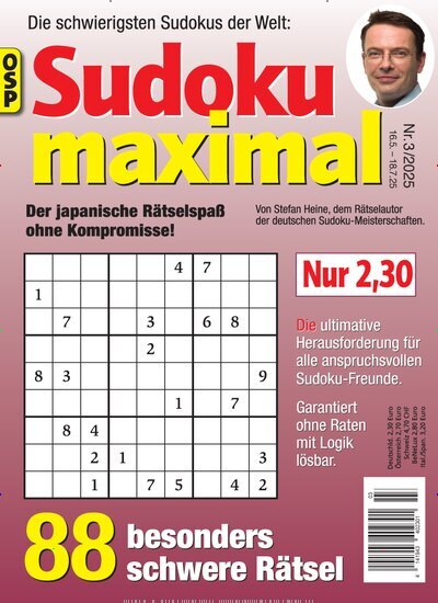 Titelbild der Ausgabe 3/2025 von Sudoku Maximal. Diese Zeitschrift und viele weitere Groschenromane und Rätselhefte als Abo oder epaper bei United Kiosk online kaufen.
