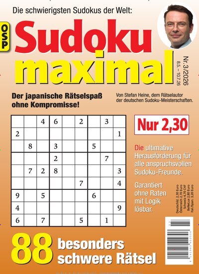 Titelbild der Ausgabe 3/2026 von Sudoku Maximal. Diese Zeitschrift und viele weitere Groschenromane und Rätselhefte als Abo oder epaper bei United Kiosk online kaufen.
