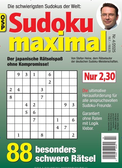 Titelbild der Ausgabe 4/2025 von Sudoku Maximal. Diese Zeitschrift und viele weitere Groschenromane und Rätselhefte als Abo oder epaper bei United Kiosk online kaufen.