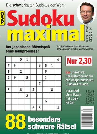Titelbild der Ausgabe 6/2023 von Sudoku Maximal. Diese Zeitschrift und viele weitere Groschenromane und Rätselhefte als Abo oder epaper bei United Kiosk online kaufen.