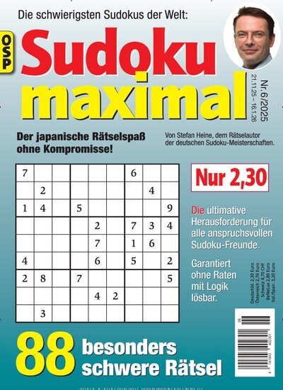 Titelbild der Ausgabe 6/2025 von Sudoku Maximal. Diese Zeitschrift und viele weitere Groschenromane und Rätselhefte als Abo oder epaper bei United Kiosk online kaufen.