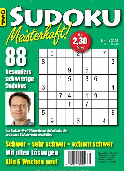Titelbild der Ausgabe 1/2026 von Sudoku Meisterhaft. Diese Zeitschrift und viele weitere Groschenromane und Rätselhefte als Abo oder epaper bei United Kiosk online kaufen.