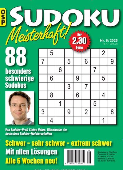 Titelbild der Ausgabe 6/2025 von Sudoku Meisterhaft. Diese Zeitschrift und viele weitere Groschenromane und Rätselhefte als Abo oder epaper bei United Kiosk online kaufen.