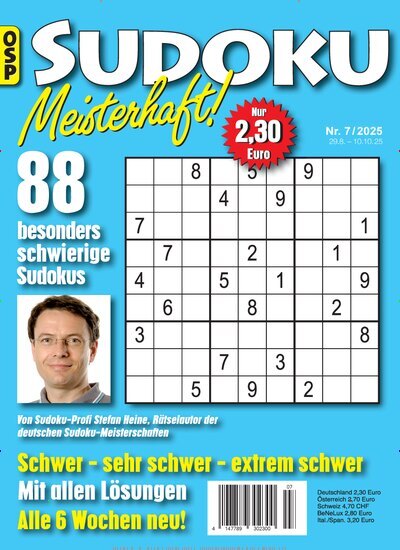 Titelbild der Ausgabe 7/2025 von Sudoku Meisterhaft. Diese Zeitschrift und viele weitere Groschenromane und Rätselhefte als Abo oder epaper bei United Kiosk online kaufen.