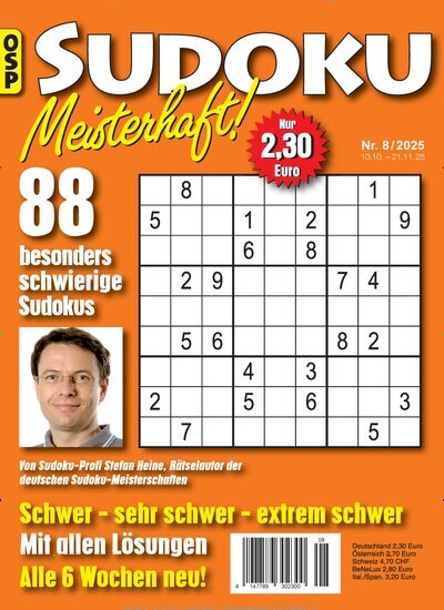 Titelbild der Ausgabe 8/2025 von Sudoku Meisterhaft. Diese Zeitschrift und viele weitere Groschenromane und Rätselhefte als Abo oder epaper bei United Kiosk online kaufen.