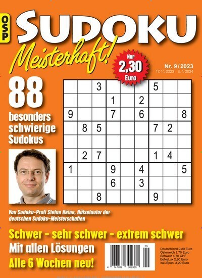 Titelbild der Ausgabe 9/2023 von Sudoku Meisterhaft. Diese Zeitschrift und viele weitere Groschenromane und Rätselhefte als Abo oder epaper bei United Kiosk online kaufen.