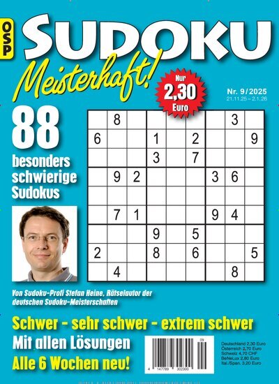 Titelbild der Ausgabe 9/2025 von Sudoku Meisterhaft. Diese Zeitschrift und viele weitere Groschenromane und Rätselhefte als Abo oder epaper bei United Kiosk online kaufen.