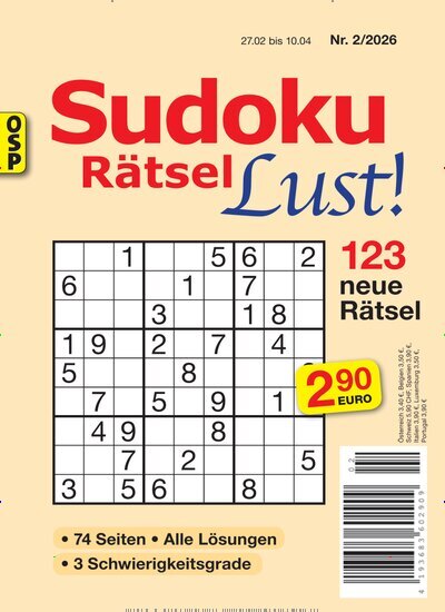 Titelbild der Ausgabe 2/2026 von Sudoku Rätsel Lust. Diese Zeitschrift und viele weitere Groschenromane und Rätselhefte als Abo oder epaper bei United Kiosk online kaufen.