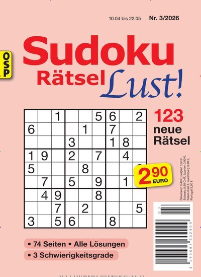 Titelbild der Ausgabe 3/2026 von Sudoku Rätsel Lust. Diese Zeitschrift und viele weitere Groschenromane und Rätselhefte als Abo oder epaper bei United Kiosk online kaufen.