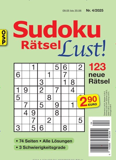 Titelbild der Ausgabe 4/2025 von Sudoku Rätsel Lust. Diese Zeitschrift und viele weitere Groschenromane und Rätselhefte als Abo oder epaper bei United Kiosk online kaufen.