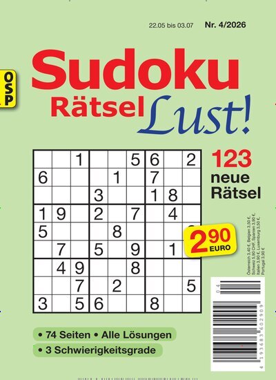 Titelbild der Ausgabe 4/2026 von Sudoku Rätsel Lust. Diese Zeitschrift und viele weitere Groschenromane und Rätselhefte als Abo oder epaper bei United Kiosk online kaufen.
