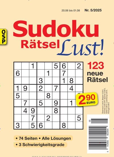 Titelbild der Ausgabe 5/2025 von Sudoku Rätsel Lust. Diese Zeitschrift und viele weitere Groschenromane und Rätselhefte als Abo oder epaper bei United Kiosk online kaufen.