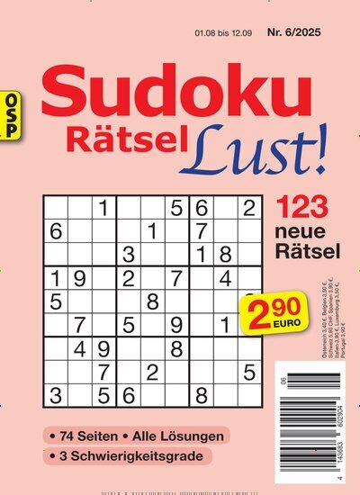 Titelbild der Ausgabe 6/2025 von Sudoku Rätsel Lust. Diese Zeitschrift und viele weitere Groschenromane und Rätselhefte als Abo oder epaper bei United Kiosk online kaufen.