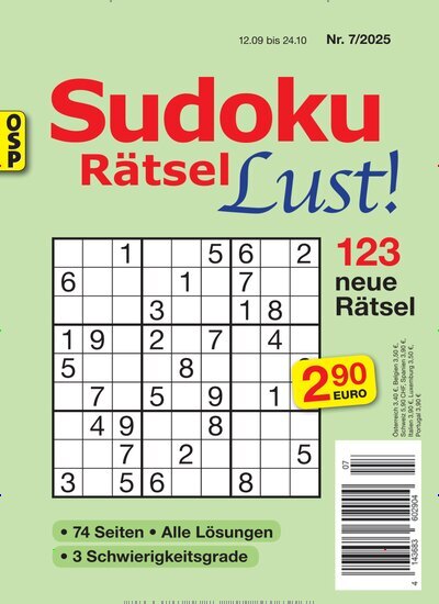 Titelbild der Ausgabe 7/2025 von Sudoku Rätsel Lust. Diese Zeitschrift und viele weitere Groschenromane und Rätselhefte als Abo oder epaper bei United Kiosk online kaufen.