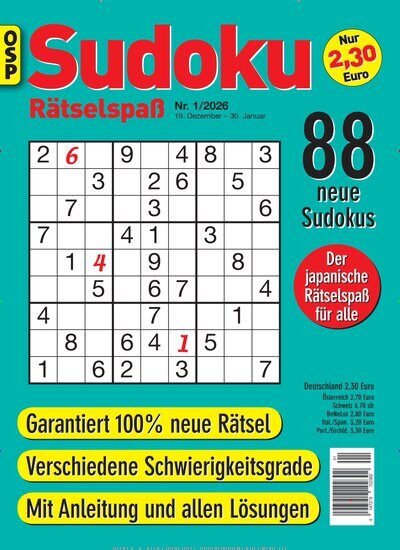 Titelbild der Ausgabe 1/2026 von Sudoku Rätselspaß. Diese Zeitschrift und viele weitere Groschenromane und Rätselhefte als Abo oder epaper bei United Kiosk online kaufen.