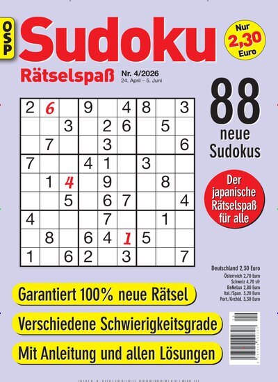 Titelbild der Ausgabe 4/2026 von Sudoku Rätselspaß. Diese Zeitschrift und viele weitere Groschenromane und Rätselhefte als Abo oder epaper bei United Kiosk online kaufen.