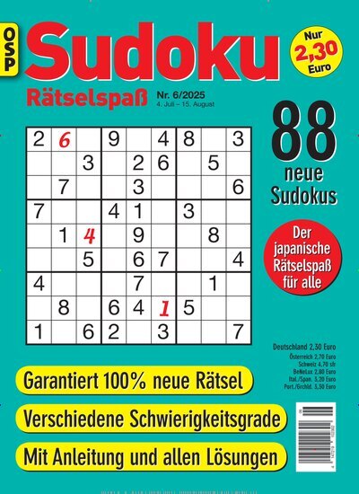 Titelbild der Ausgabe 6/2025 von Sudoku Rätselspaß. Diese Zeitschrift und viele weitere Groschenromane und Rätselhefte als Abo oder epaper bei United Kiosk online kaufen.