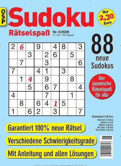 Titelbild der Ausgabe 6/2026 von Sudoku Rätselspaß. Diese Zeitschrift und viele weitere Groschenromane und Rätselhefte als Abo oder epaper bei United Kiosk online kaufen.
