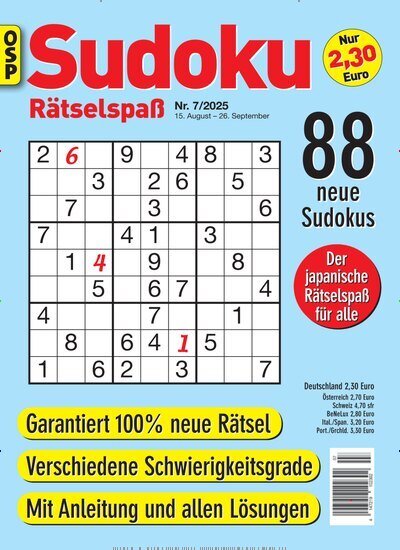 Titelbild der Ausgabe 7/2025 von Sudoku Rätselspaß. Diese Zeitschrift und viele weitere Groschenromane und Rätselhefte als Abo oder epaper bei United Kiosk online kaufen.