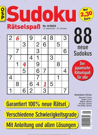 Titelbild der Ausgabe 8/2023 von Sudoku Rätselspaß. Diese Zeitschrift und viele weitere Groschenromane und Rätselhefte als Abo oder epaper bei United Kiosk online kaufen.