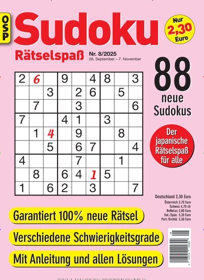 Titelbild der Ausgabe 8/2025 von Sudoku Rätselspaß. Diese Zeitschrift und viele weitere Groschenromane und Rätselhefte als Abo oder epaper bei United Kiosk online kaufen.