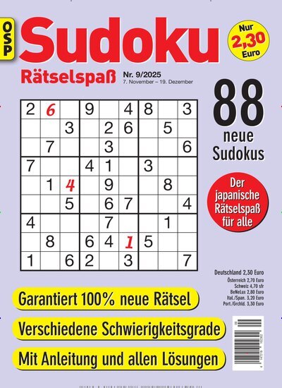 Titelbild der Ausgabe 9/2025 von Sudoku Rätselspaß. Diese Zeitschrift und viele weitere Groschenromane und Rätselhefte als Abo oder epaper bei United Kiosk online kaufen.