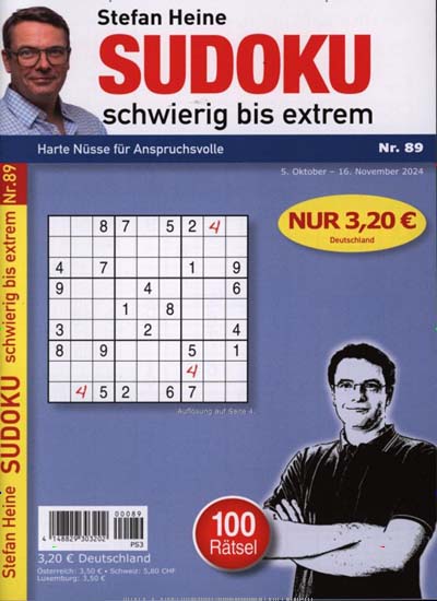Titelbild der Ausgabe 89/2024 von Sudoku schwierig bis extrem. Diese Zeitschrift und viele weitere Groschenromane und Rätselhefte als Abo oder epaper bei United Kiosk online kaufen.
