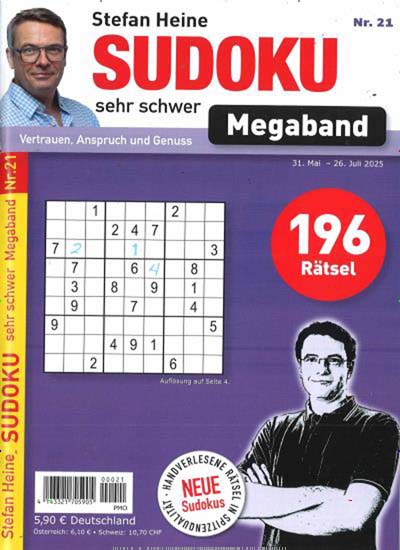 Titelbild der Ausgabe 21/2025 von Sudoku sehr schwer Megaband. Diese Zeitschrift und viele weitere Groschenromane und Rätselhefte als Abo oder epaper bei United Kiosk online kaufen.