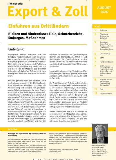 Titelbild der Ausgabe 8/2026 von Themenbrief Export & Zoll. Diese Zeitschrift und viele weitere Jurazeitschriften und Zeitschriften für Verwaltung als Abo oder epaper bei United Kiosk online kaufen.
