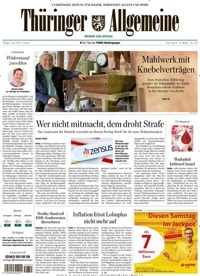 Titelbild der Ausgabe 130/2025 von Thüringer Allgemeine Apolda. Diese Zeitschrift und viele weitere Zeitungsabos als Abo oder epaper bei United Kiosk online kaufen.