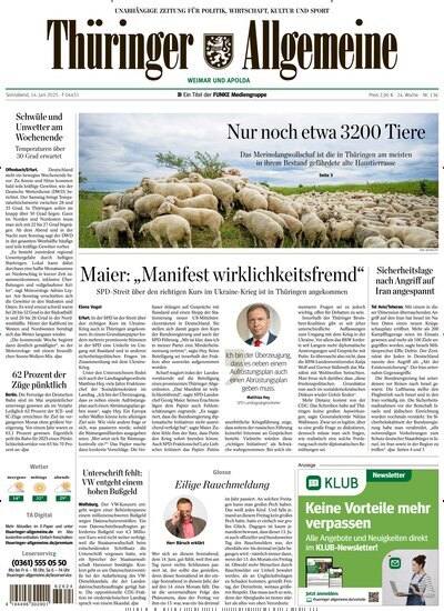 Titelbild der Ausgabe 136/2025 von Thüringer Allgemeine Apolda. Diese Zeitschrift und viele weitere Zeitungsabos als Abo oder epaper bei United Kiosk online kaufen.