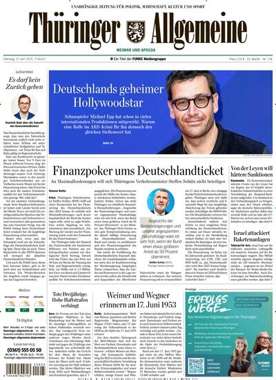 Titelbild der Ausgabe 138/2025 von Thüringer Allgemeine Apolda. Diese Zeitschrift und viele weitere Zeitungsabos als Abo oder epaper bei United Kiosk online kaufen.